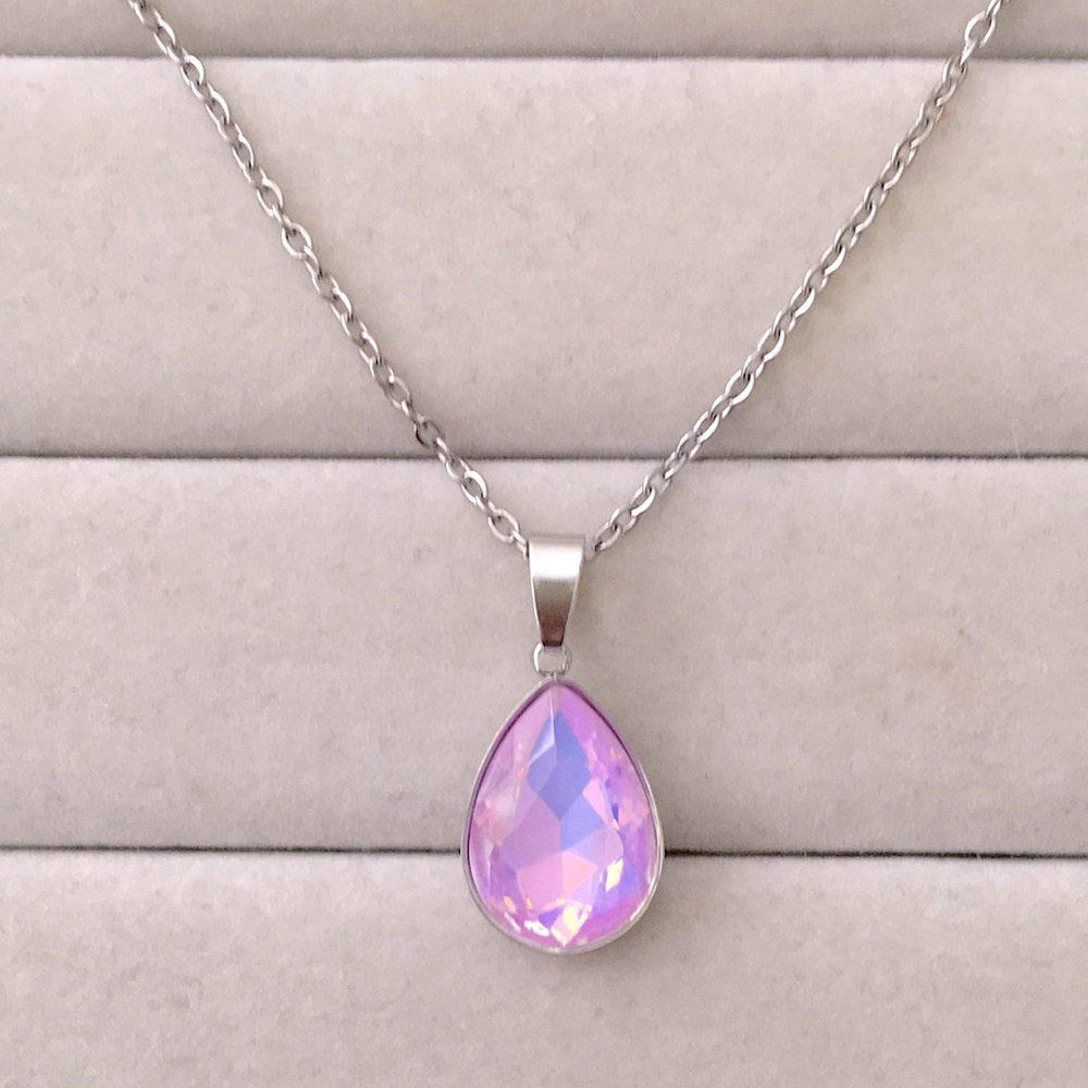 Lilac Lavender Opal Aurora Borealis + Stainless Steel Pear Crystal Drop Necklace - Picture 5 of 7
